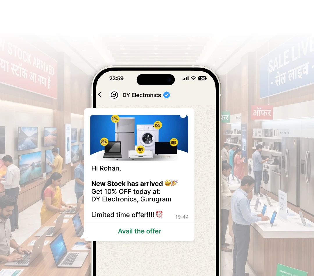 DY Electronics showroom owner sending WhatsApp broadcast about new stock arrival