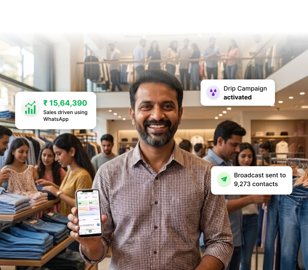 Clothing store owner with AiSensy stats showing ₹15 lakh sales driven via WhatsApp