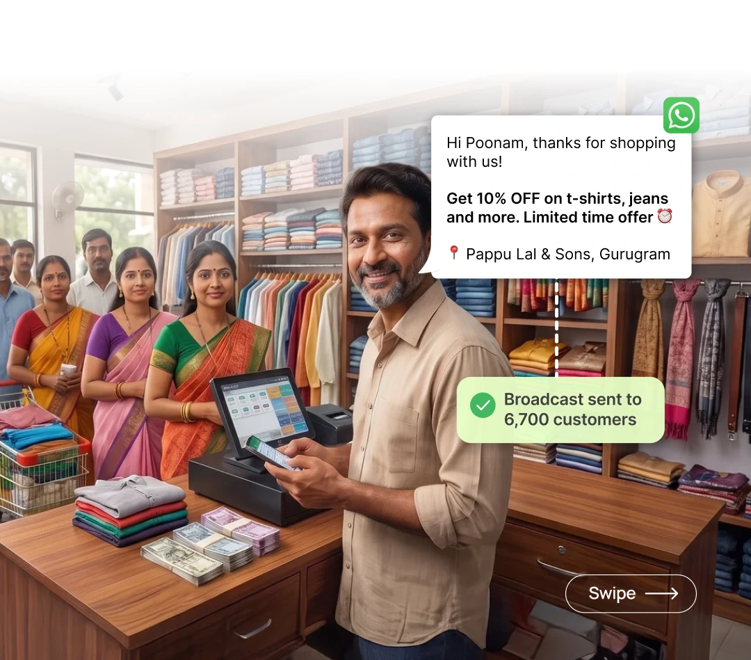 Pappu Lal & Sons owner at counter sending WhatsApp broadcast to 6,700 customers