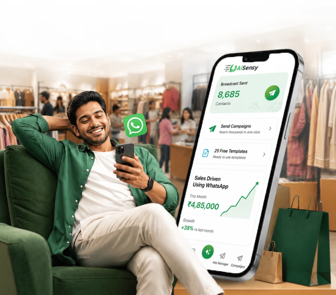 Store owner relaxing with AiSensy app showing ₹4,85,000 WhatsApp-driven sales