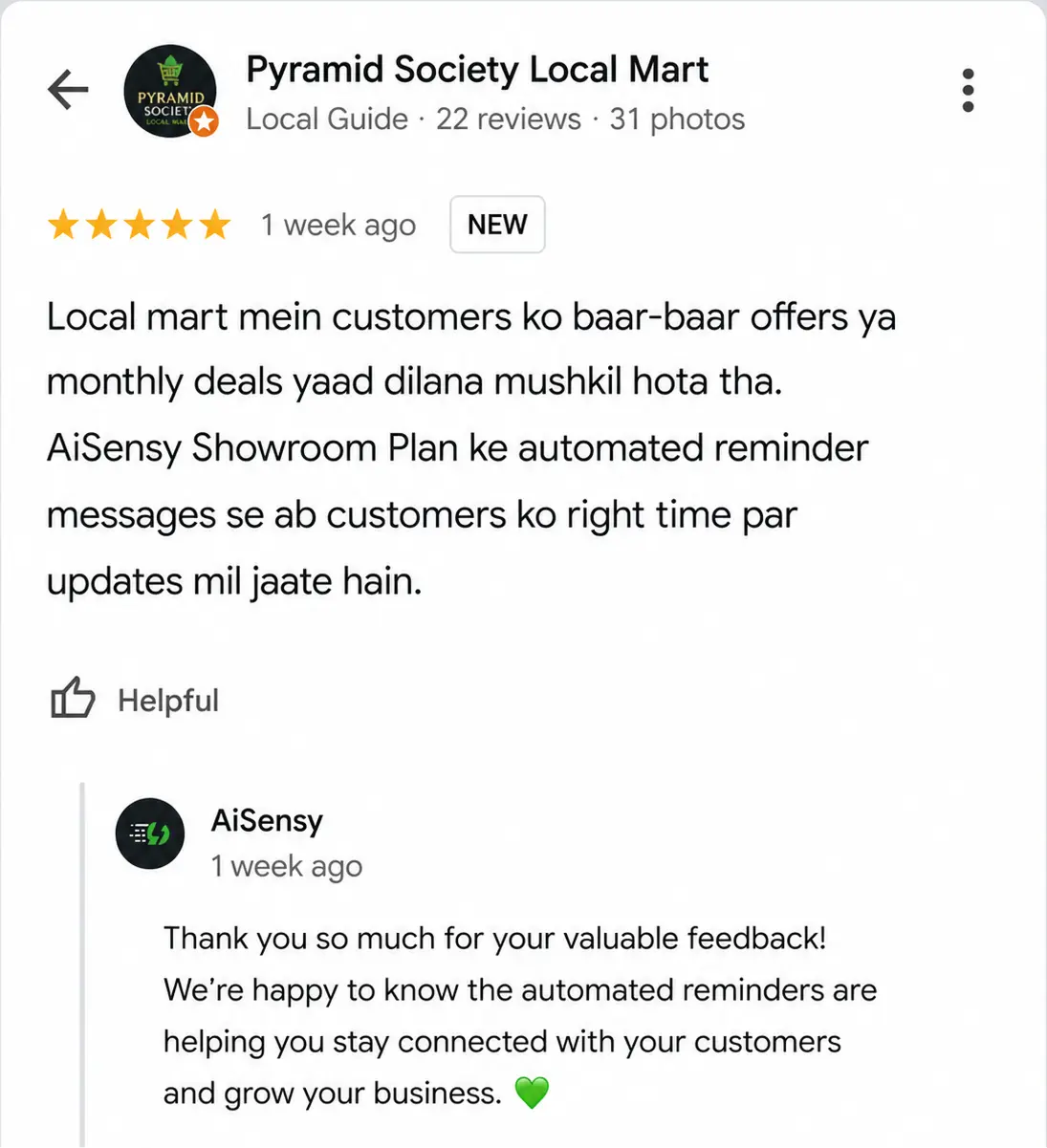 Pyramid Society Local Mart Google review — automated reminders se customers ko updates