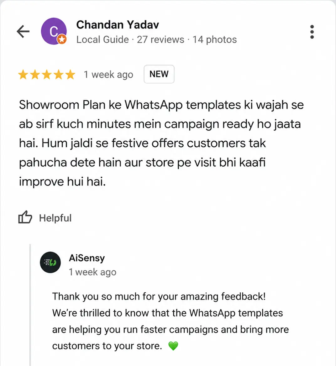 Chandan Yadav Google review — WhatsApp templates se campaign minutes mein ready