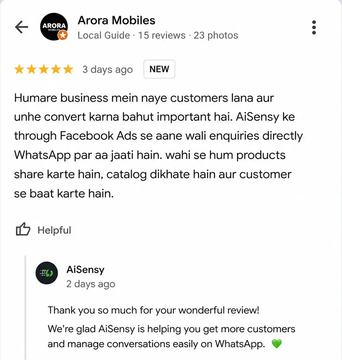 Arora Mobiles Google review — Facebook Ads se WhatsApp par direct enquiries