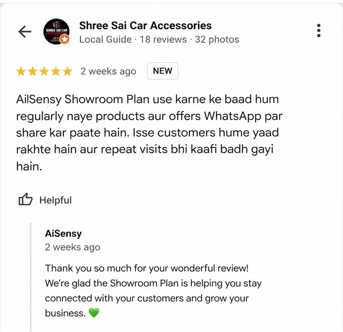 Shree Sai Car Accessories Google review — repeat visits badh gayi hain