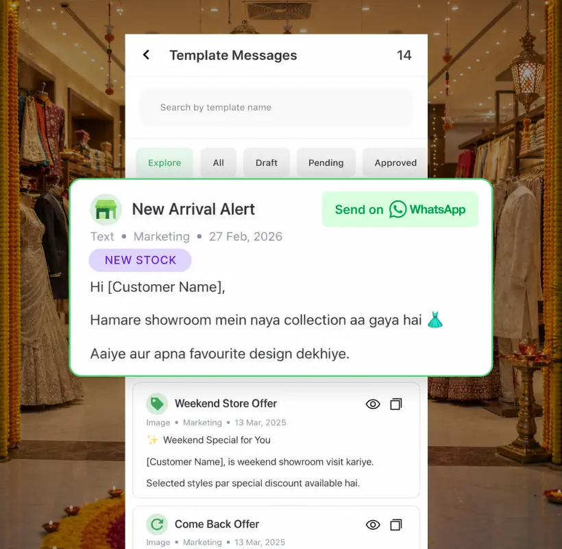 AiSensy Template Messages screen showing New Arrival Alert, Weekend Store Offer and Come Back Offer templates for showroom owners