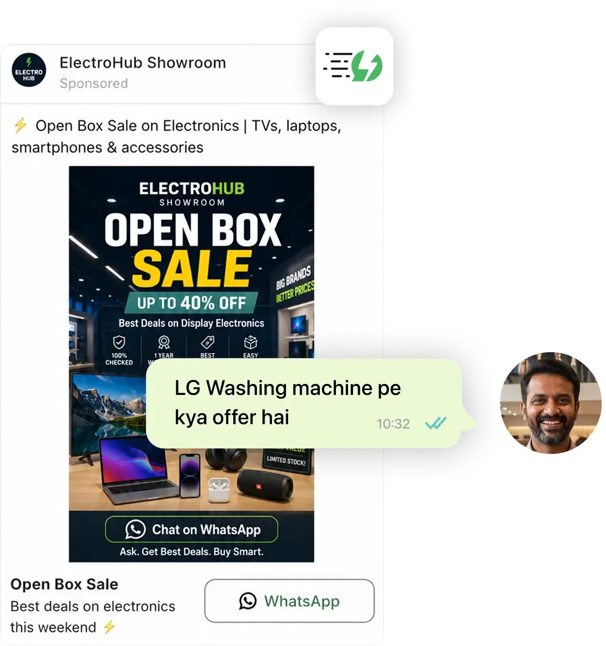 ElectroHub Showroom Facebook ad showing Open Box Sale with WhatsApp Chat button and customer inquiry